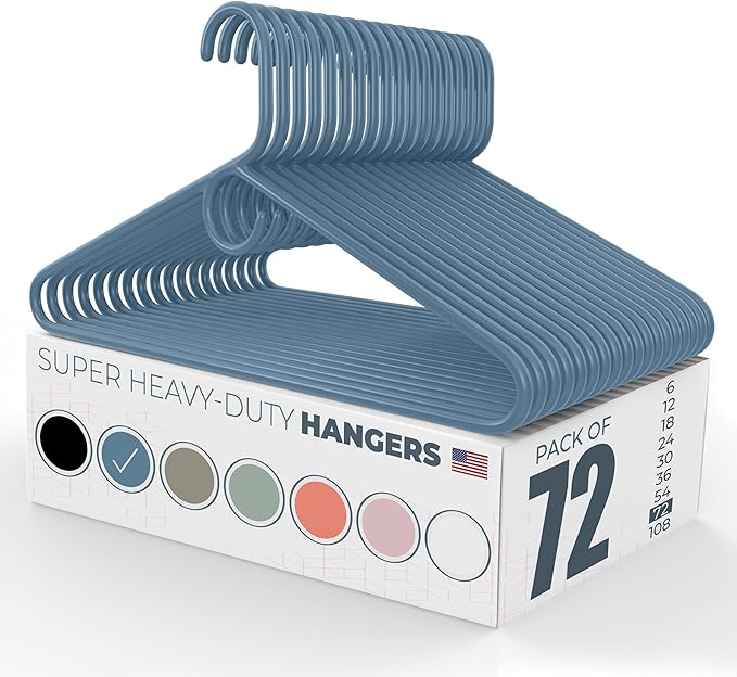 Super Heavy Duty Clothes Hangers 50+ Pack (72 Count) – Made in the USA - 10lb Capacity, Thick Plastic Hangers for Pants, Coats, Jackets, Jeans and Adult Clothing – Blue