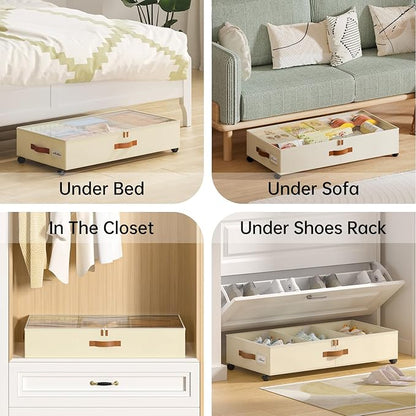 Yecaye Under Bed Storage with Wheels, 4 Pack Under Bed Storage Containers with Adjustable Dividers & Clear Window, Rolling Underbed Organizer Bins Drawers for Clothes, Shoes, Blankets, Beige