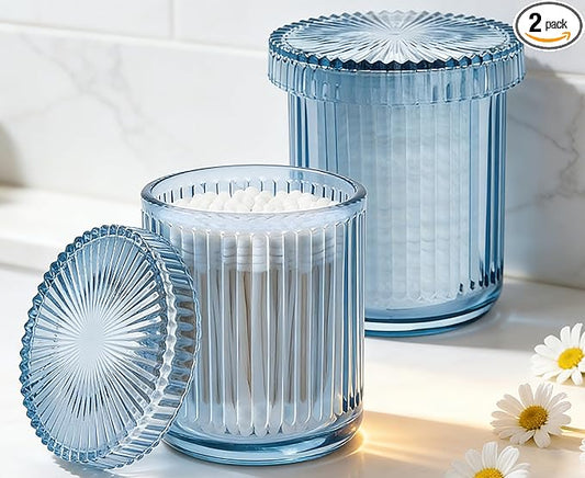 2 Pack Glass Qtip Holder Dispenser Set - Bathroom Organizer for Cotton Swabs, Balls, Pads, Floss Picks - Clear Apothecary Jars for Vanity, Makeup Storage, Bathroom Accessories Decor (Blue)