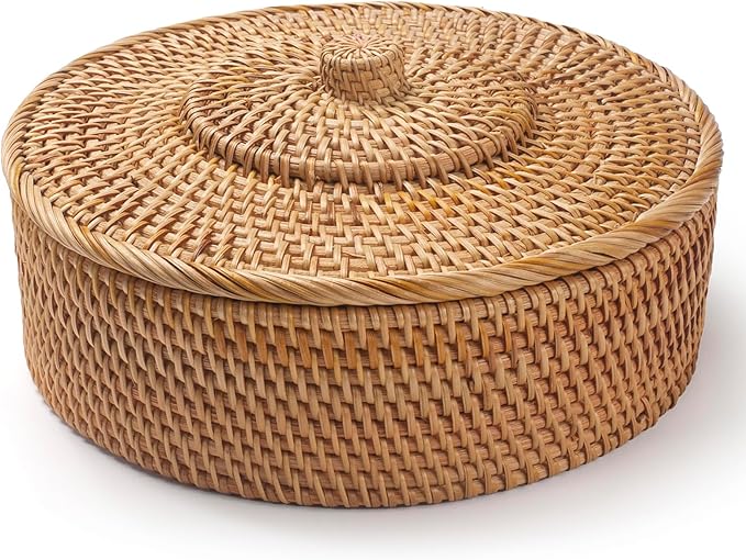 Rattan Basket With Lid, Lidded Wicker Storage Basket for Organizing, Woven Box, Rattan Storage Bin for Shlef or Table, Natural
