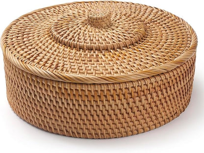 Rattan Basket With Lid, Lidded Wicker Storage Basket for Organizing, Woven Box, Rattan Storage Bin for Shlef or Table, Natural