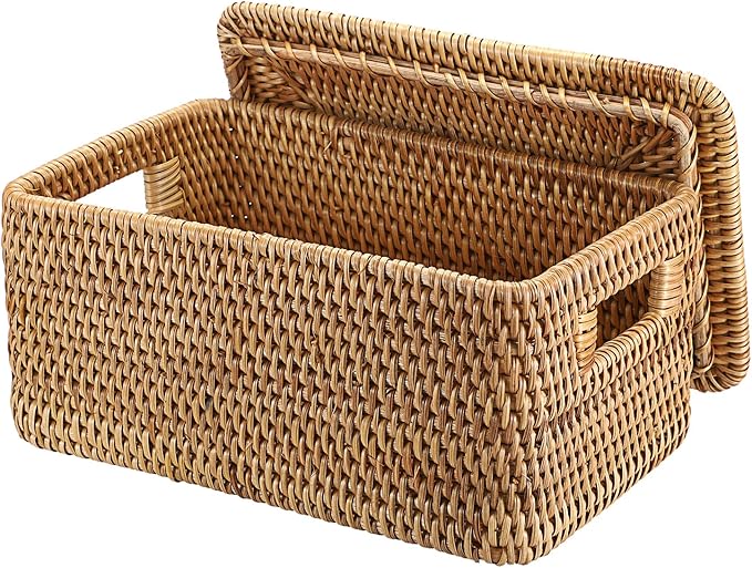Hipiwe Rattan Basket with Lid Rectangular Lidded Basket Natural Hand-Woven Wicker Storage Basket Bin for Shelf Organizing Picnic Food Bread Table Storage Basket, 12"x7.9"x 5.9"