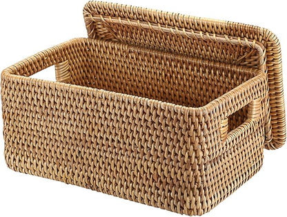 Hipiwe Rattan Basket with Lid Rectangular Lidded Basket Natural Hand-Woven Wicker Storage Basket Bin for Shelf Organizing Picnic Food Bread Table Storage Basket, 12"x7.9"x 5.9"