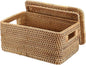 Hipiwe Rattan Basket with Lid Rectangular Lidded Basket Natural Hand-Woven Wicker Storage Basket Bin for Shelf Organizing Picnic Food Bread Table Storage Basket, 12"x7.9"x 5.9"