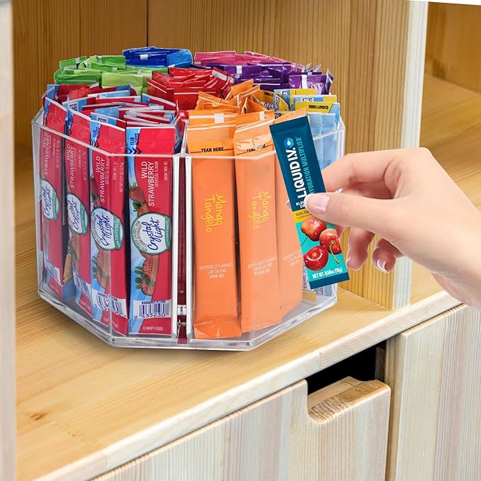 Drink Packet Organizer For Powdered Drink Mix,Powder Packet,Water Packet,Water Flavor Packet, Lazy Susan Organizer for Drink Mix Rotating Holder (Rhombus)