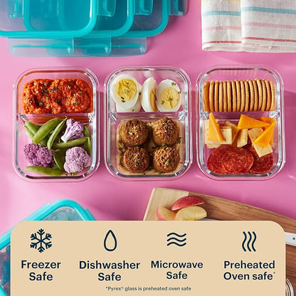 Pyrex Glass MealBox (5-Pack, 2.3 Cup) Divided Compartments with Locking Lids, For Meal Prepping and Portioning, BPA Free Microwave Dishwasher Safe