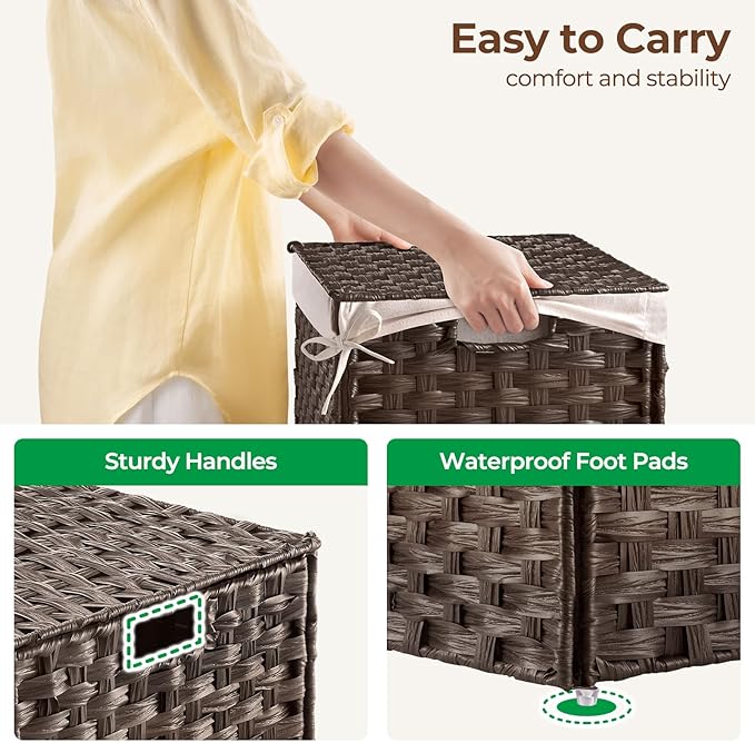 GREENSTELL Storage Basket with Lid, 27.7 Gallon(105L) Lagre Wicker Blanket Storage Basket with Handles, Foldable, 2 Removable Liner Bags, Metal Frame, for Bedroom, Laundry Room, Brown