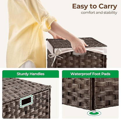 GREENSTELL Storage Basket with Lid, 27.7 Gallon(105L) Lagre Wicker Blanket Storage Basket with Handles, Foldable, 2 Removable Liner Bags, Metal Frame, for Bedroom, Laundry Room, Brown