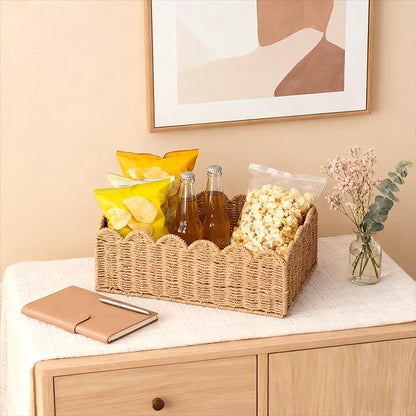 Scalloped Basket, Wicker Storage Baskets, Hand Woven Baskets for Shelves,Natural Baskets for Organizing (M-14" L x 10.5" W x 6" H)