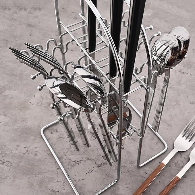 24piece Silverware Set with Hanging Holder, Stainless Steel Tableware Set With Cutlery Storage Rack, Decent Gift Box For Housewarming, Party, Dining - White Silver, set of 6