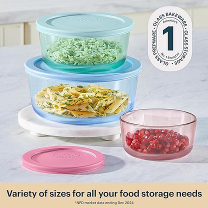 Pyrex Colors (3-Pack, Medium) Tinted Glass Round Food Storage Container Set, Snug Fit Non-Toxic Plastic BPA-Free Lids, Freezer Dishwasher Microwave Safe, 2 Cup, 4 Cup & 7 Cup