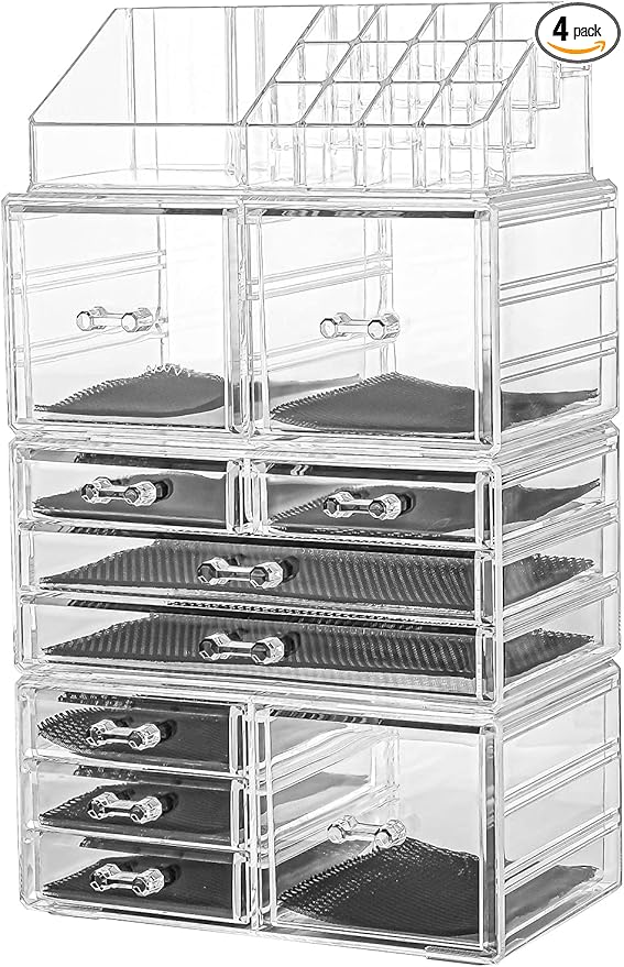 Sooyee Makeup Organizer,Make Up Organizer Stands,Acrylic Makeup Storage 10 Makeup Drawer Organizer for Bathroom, Dresser, Vanity Accessories or Countertop,Clear,4 Pieces Stackable