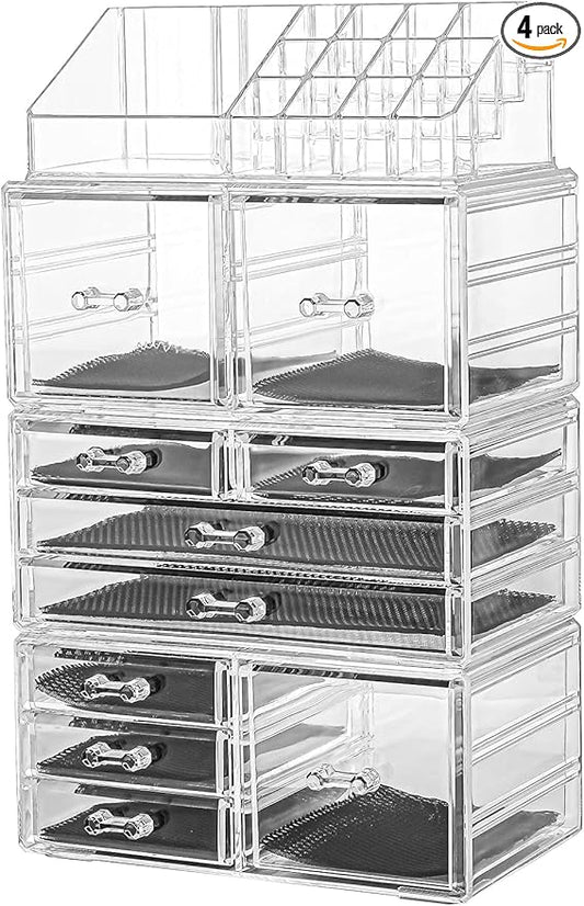 Sooyee Makeup Organizer,Make Up Organizer Stands,Acrylic Makeup Storage 10 Makeup Drawer Organizer for Bathroom, Dresser, Vanity Accessories or Countertop,Clear,4 Pieces Stackable
