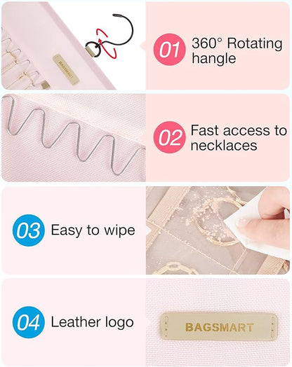 BAGSMART Hanging Jewelry Organizer Storage Roll with Hanger Metal Hooks Double-Sided Jewelry Holder for Earrings, Necklaces, Rings on Closet, Wall, Door, 1 piece, Large, Pink