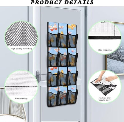 Butterfly Blue Over The Door/Wall Shoe Organizer,Nursery Organization,12 Compartment Breathable Mesh Pocket Over the Door Hanging Shoe Bag,Closet Shoe Hanging Bag,Breathable