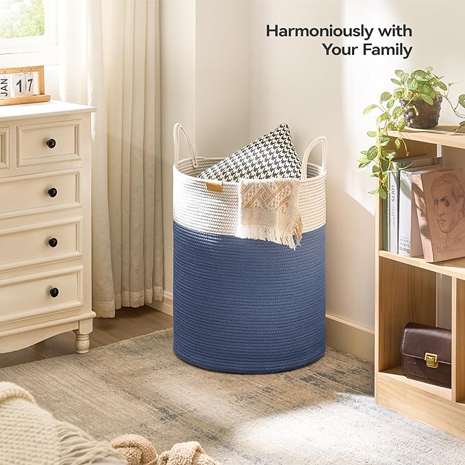 Nunsino Laundry Hamper 95L,Large Laundry Basket for Clothes,Decorative Storage Basket for Blankets,Cotton Rope Woven basket for bedroom,Navy Blue