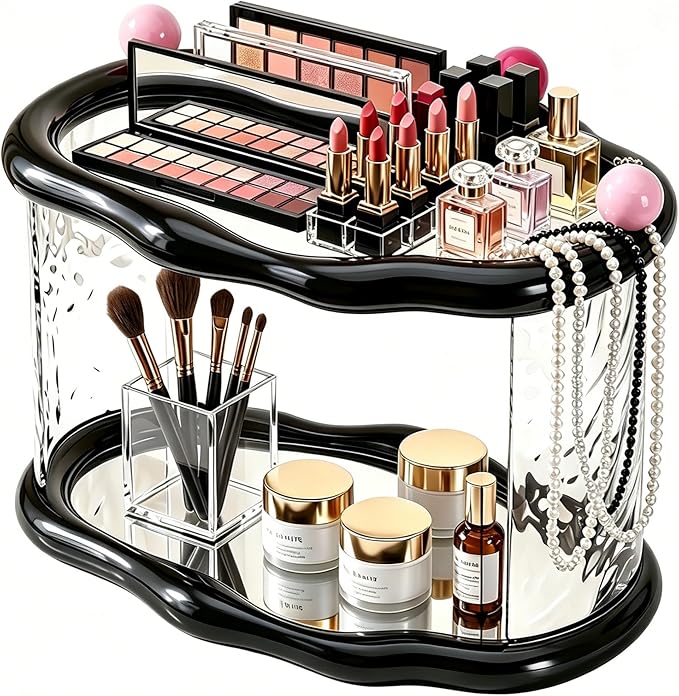 Skincare Makeup Organizer for Vanity and Bathroom Countertop-2 Tier Makeup Jewelry Storage,Transparent Clear Cloud Cosmetics Organizer, Ideal for Cosmetic Perfume Skincare for Countertop,Desk,Bathroom,Dresser-Black