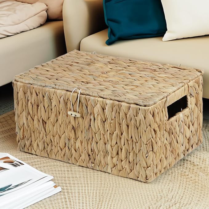 ORDELITE Large Wicker Basket with Lid, Rectangular Water Hyacinth Storage Baskets for Organizing, Woven Basket for Storage, Decorative Boxes Bins with Lids Home Organizer Decor