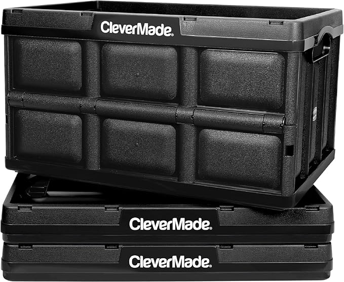 CleverMade Collapsible Storage Bins 46L (3-Pack) – Heavy Duty Collapsible Plastic Storage Bins, Stackable Folding Storage Bins for Car, Garage, Home Organization - Foldable Bins, Obsidian