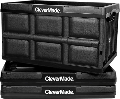 CleverMade Collapsible Storage Bins 46L (3-Pack) – Heavy Duty Collapsible Plastic Storage Bins, Stackable Folding Storage Bins for Car, Garage, Home Organization - Foldable Bins, Obsidian