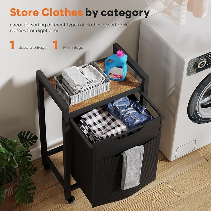 DUMOS Laundry Sorter, 18.3Gal (69L) Capacity Rolling Laundry Basket with Pull-Out Removable Bags & Movable Wheels,Clothes Separator Hamper Cart for Laundry Room, Bathroom and Bedroom Organizer