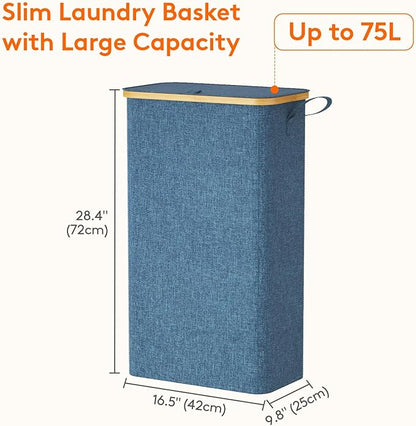 Lifewit 75L Slim Laundry Hamper with Lid, Narrow Laundry Basket with Removable Bag & Bamboo Handles, Fodable Thin Dirty Clothes Hamper for Laundry Collapsible Bin for Bathroom Bedroom Dorm, Dark Blue