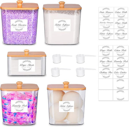 efluky 4+1 pack Laundry Pods Container & Dryer Sheet Holder Set,Clear Laundry Room Organization Containers with Bamboo Lids and Labels,Laundry Pods Holder for Scent Booster,Powder,Pod