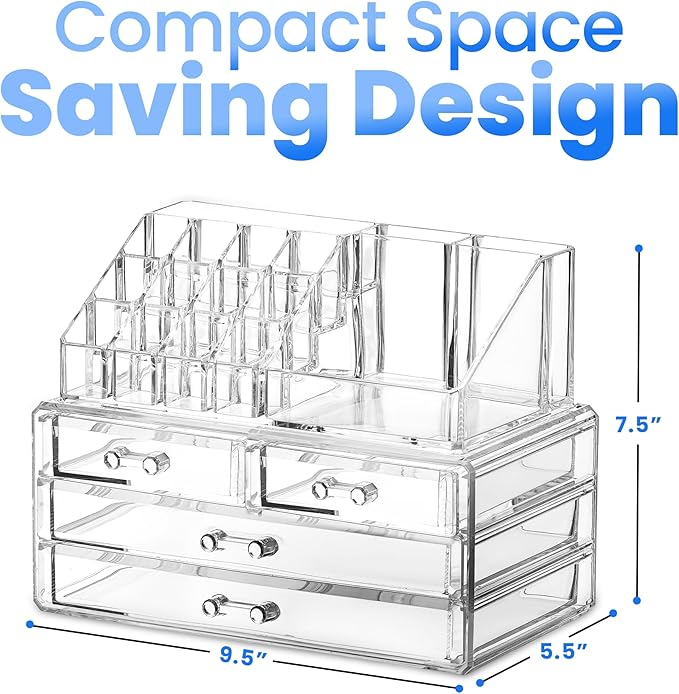 Masirs Clear Makeup Organizer - 16-Compartment Cosmetic and Jewelry Holder with 4 Drawers - Vanity Storage Box for Makeup, Skincare, Accessories, and Jewelry Display