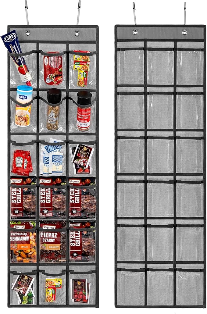 2 Pack Over the Door Pantry Organizer Hanging Seasoning Packet Storage Wall Mount Spice Holder for Kitchen Snack Food Tea Bag (Grey)