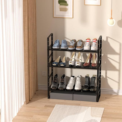 Multi-Functional Metal Shoe Rack,Expandable Adjustable Stackable Kitchen Organizer,Metal Shelf risers for cabinets, Kitchens and Closet, Bathroom(3Packs/Black/Large)
