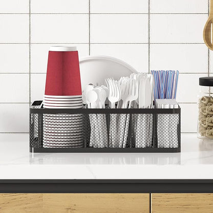 Paper Plate Organizer and Utensil Caddy for Countertop with Handle, 6-Compartment Paper Plate Holder and Silverware Tray for Cups, Forks, Spoons, Napkins - Ideal for Party, Camping, Picnic