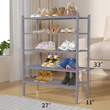 ROMGUAR CRAFT 5 Tier Bamboo Shoe Rack for Closet Free Standing Wood Shoe Shelf for Entryway Small Space Stackable 27"x11"x33" (Grey)