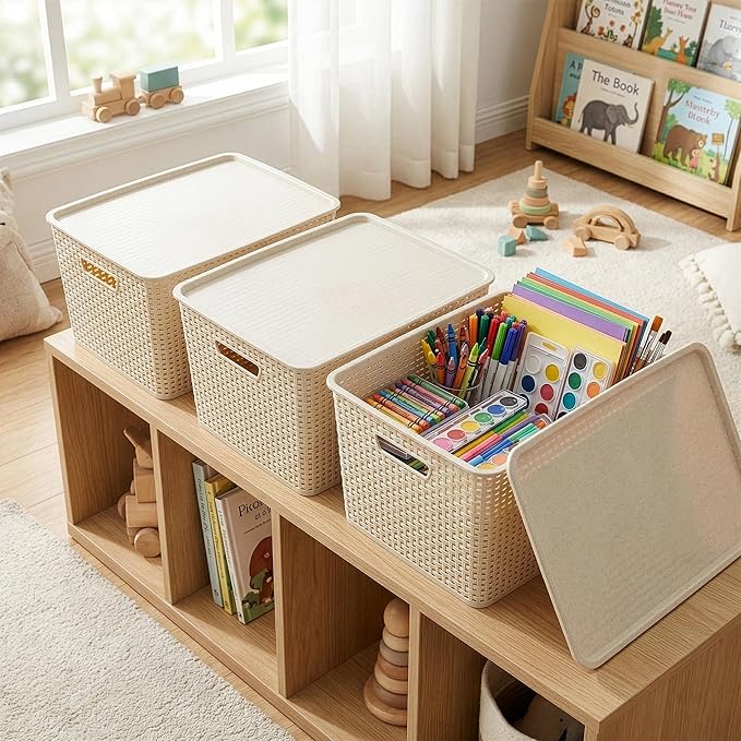 BINO | Plastic Storage Baskets with Lids, 45 Liter - 3 Pack, Natural | THE WOVEN COLLECTION | Storage Basket for Shelves | Woven Storage Baskets for Organizing Bins | Pantry Shelf Organizer Bin