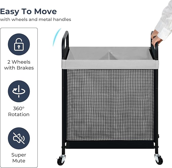 STO STO Laundry Hamper 2 Section, 100L Rolling Laundry Sorter Cart with Removable and Washable Liner Bag, Clothes Hamper with Wheels and Metal Handle for Laundry Room and Bedroom, Gray