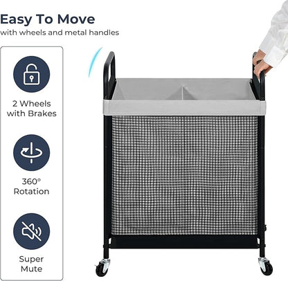 STO STO Laundry Hamper 2 Section, 100L Rolling Laundry Sorter Cart with Removable and Washable Liner Bag, Clothes Hamper with Wheels and Metal Handle for Laundry Room and Bedroom, Gray