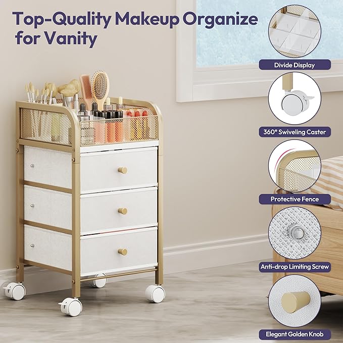 SWTYMIKI Rolling Makeup Organizer Cart - Under Desk Vanity Makeup Storage with 3 Non-woven Drawers, Nail Cart Organizer Cosmetic Display Cases Cabinet for Skin Care Perfume Nail Polish Brush Hair Tool