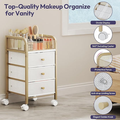 SWTYMIKI Rolling Makeup Organizer Cart - Under Desk Vanity Makeup Storage with 3 Non-woven Drawers, Nail Cart Organizer Cosmetic Display Cases Cabinet for Skin Care Perfume Nail Polish Brush Hair Tool