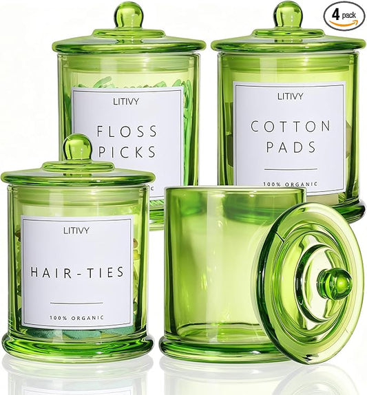 LITIVY 4 Pack Bathroom Organizers and Storage - 16 Oz Glass Qtip Holder & Cotton Pad Dispenser with Lid, Apothecary Jars for Home, Room Decor, Kitchen Organizer (Green)