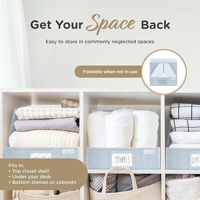VIVIDECOR Open Front Trapezoid Closet Bins 12x12x10 – Easy Access Shelf Organizer for Folded Clothes, Fabric Storage Baskets for Sweaters, Towels, Linen – Light Blue, 3 Pack