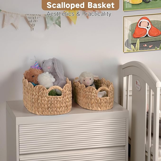 iEGrow Scalloped Wicker Basket, Set of 2 Hand-Woven Natural Rattan Baskets with Built-in Handles, Water Hyacinth Storage Oval Cute Baby Baskets for Nursery, Organizing, Decor and Shelves