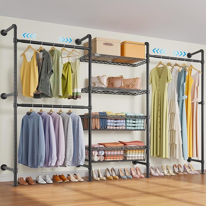 Timate X3 Expandable Heavy Duty Clothes Rack Wall Mounted Clothing Rack for Hanging Clothes, Industrial Pipe Closet System for Walk in Closet Kit Wall Mount Clothes Rack with Basket, Black Wall Closet