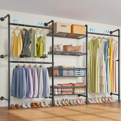 Timate X3 Expandable Heavy Duty Clothes Rack Wall Mounted Clothing Rack for Hanging Clothes, Industrial Pipe Closet System for Walk in Closet Kit Wall Mount Clothes Rack with Basket, Black Wall Closet