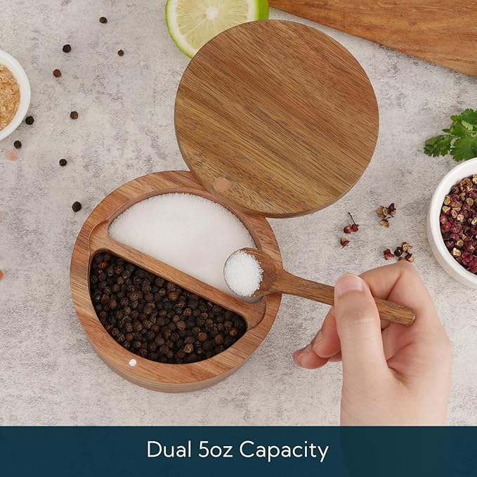 KITCHENDAO Acacia Wood Salt and Pepper Bowl Box, Built-in Spoon, Two Compartments Spice Seasoning Container, Sea Salt Cellar Holder, Magnetic Swivel Lid, Dual 5oz Capacity