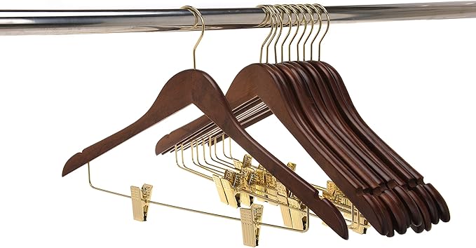 Quality Wooden Skirt Hangers with Clips, 10-Pack Smooth Solid Wood Pants Hangers with Durable Adjustable Metal Clips, Swivel Hook, Coat, Jacket, Blouse Suit Hangers (Walnut - Gold Hook, 10)