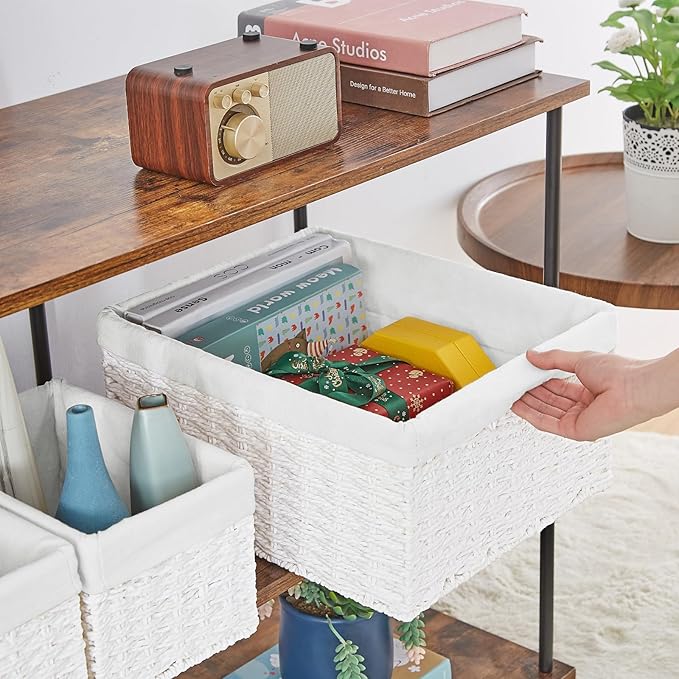 Vagusicc Wicker Basket, Set of 3 Hand-woven Storage Baskets for Organizing, Decorative Rectangle Wicker Storage Basket Bins with Handles, Small Toilet Paper Storage Baskets for Shelves & Decor, White