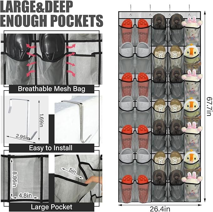 Windyun 2 Pcs 70 Large over The Door Shoe Organizer Hanging Shoe Rack for Closet Holder Gray Mesh Pockets Back to School Behind Door Hanger Storage Nonslip for Home Room School Dorm, Each 35 Pockets