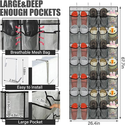 Windyun 2 Pcs 70 Large over The Door Shoe Organizer Hanging Shoe Rack for Closet Holder Gray Mesh Pockets Back to School Behind Door Hanger Storage Nonslip for Home Room School Dorm, Each 35 Pockets