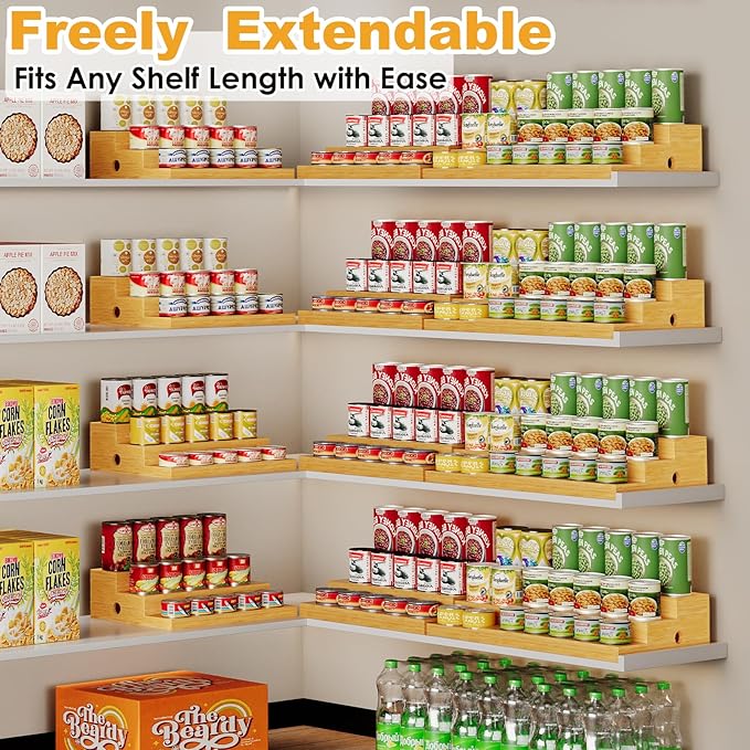 3-Tier Extra-Long Expandable Bamboo Can Rack for Pantry – Adjustable Pantry Can Organizer, Large Capacity Holds up to 45 Cans, Pantry Shelf & Countertop Storage (Patent Pending)