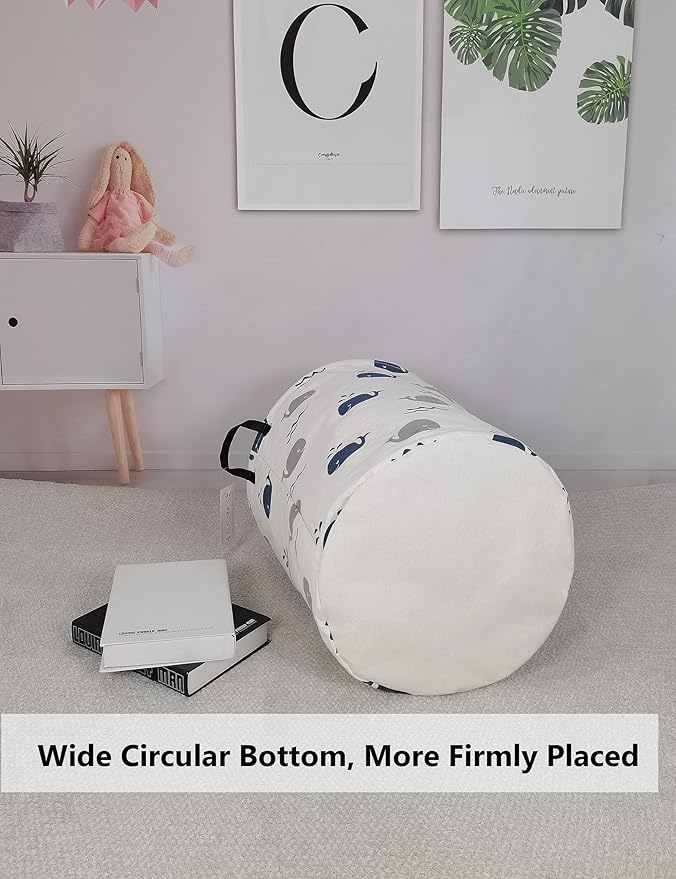 QUEENLALA Large Storage Basket,Laundry Hamper/Bathroom/Home Decor/Collapsible Round Storage Bin,Boys and Girls Hamper/Boxes/Clothing(Round-Blue Cute Whale)