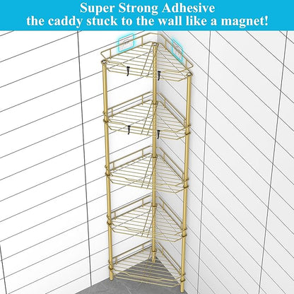 HuggieGems 5 Tier Floor Standing Corner Shower Caddy Organizer Shelf with Hooks, Bathroom Shelves Stand Rack, Gold